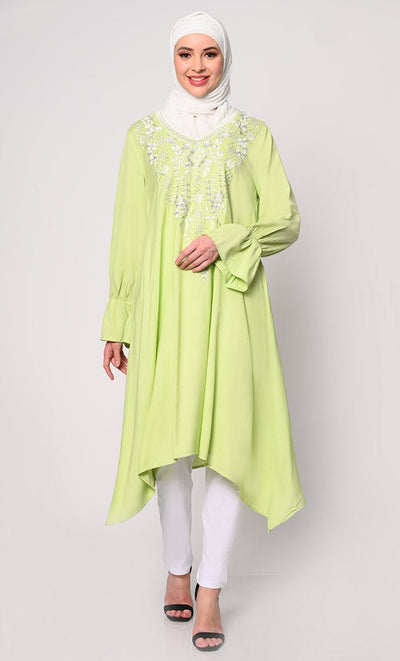 Embroidered Pista Green Tunic with Asymmetrical Hem - EastEssence.com