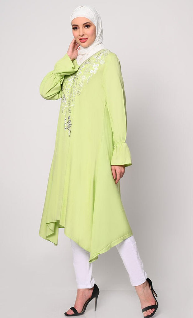 Embroidered Pista Green Tunic with Asymmetrical Hem - EastEssence.com