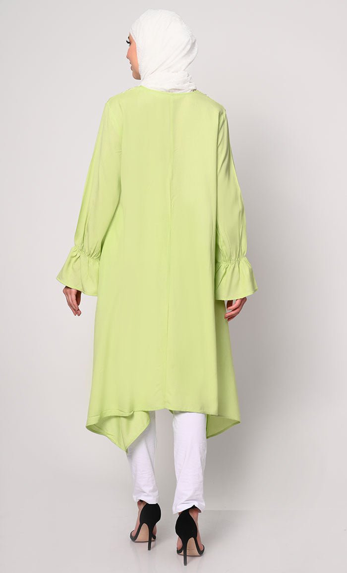 Embroidered Pista Green Tunic with Asymmetrical Hem - EastEssence.com