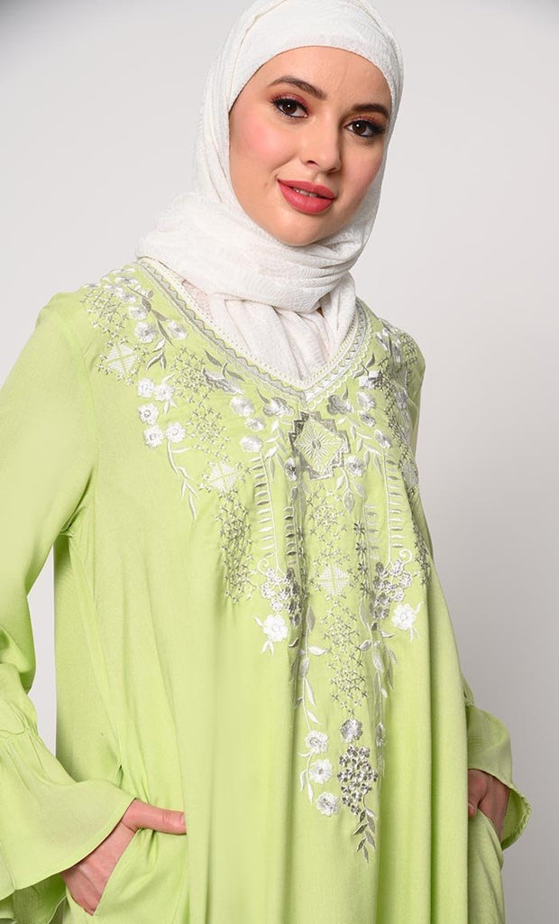 Embroidered Pista Green Tunic with Asymmetrical Hem - EastEssence.com