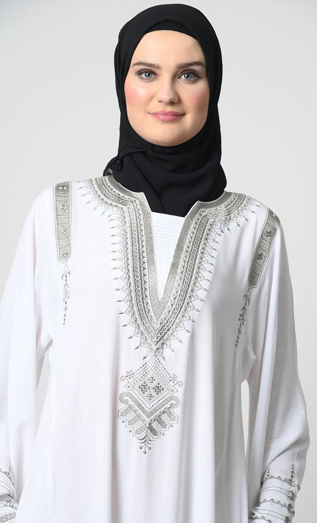 Embroidered Rayon Abaya – Bell Sleeves, Round V - Neck, with Pockets - EastEssence.com