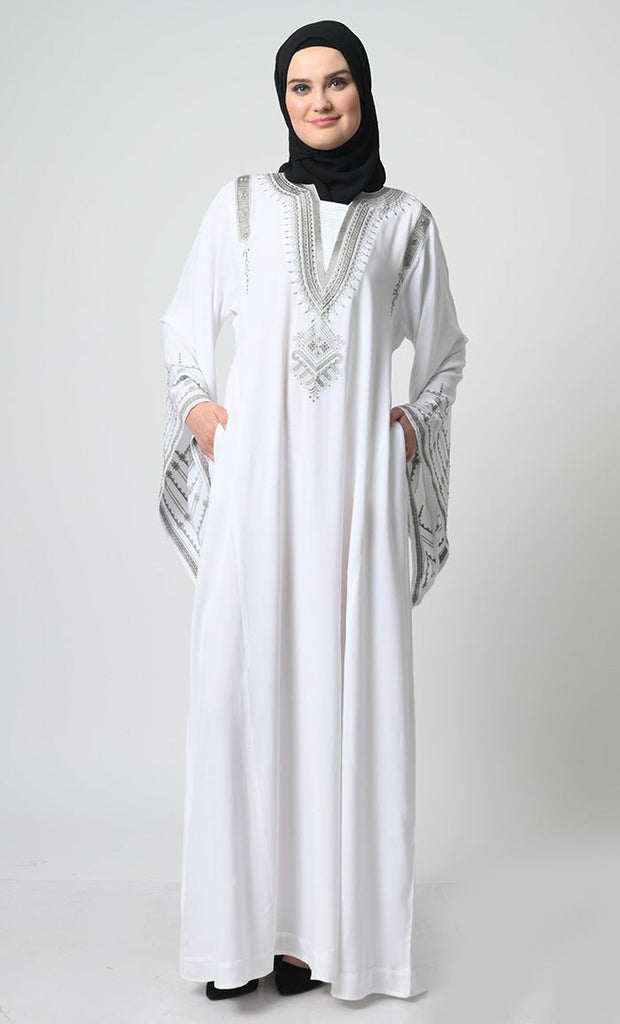 Embroidered Rayon Abaya – Bell Sleeves, Round V - Neck, with Pockets - EastEssence.com