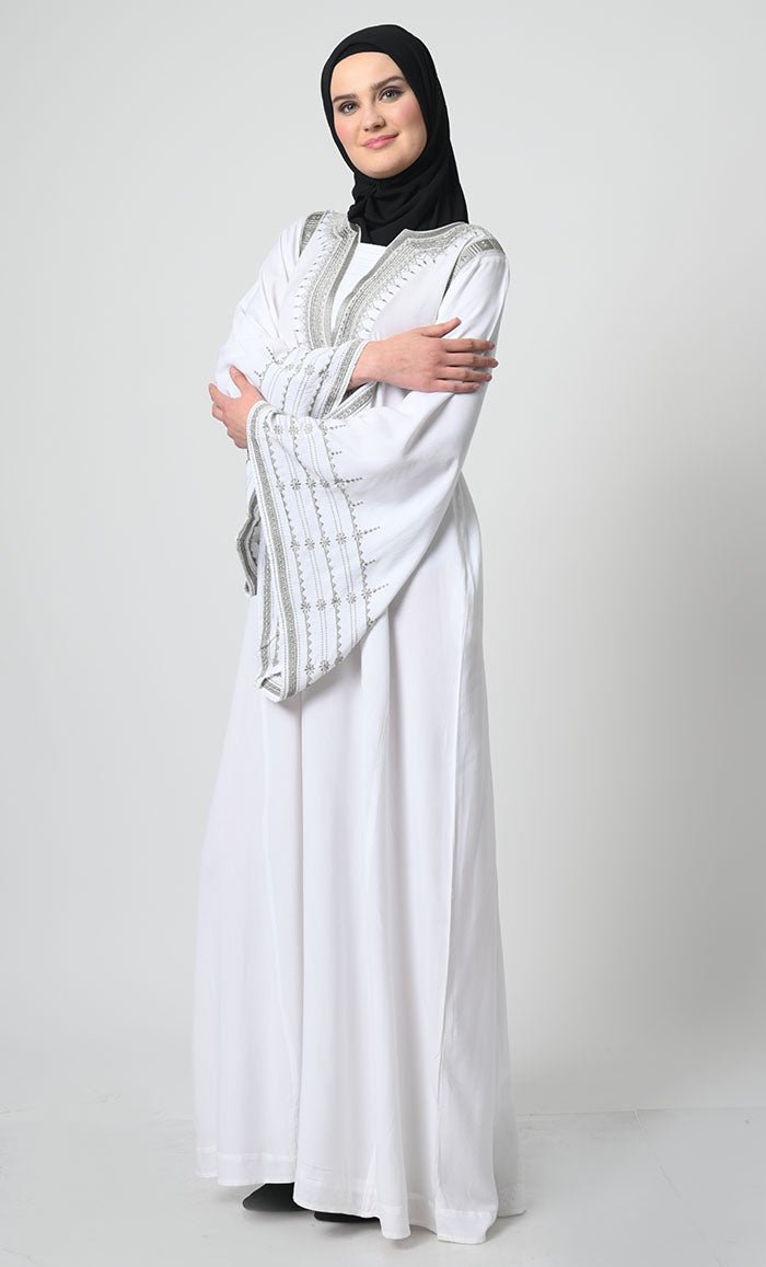 Embroidered Rayon Abaya – Bell Sleeves, Round V - Neck, with Pockets - EastEssence.com