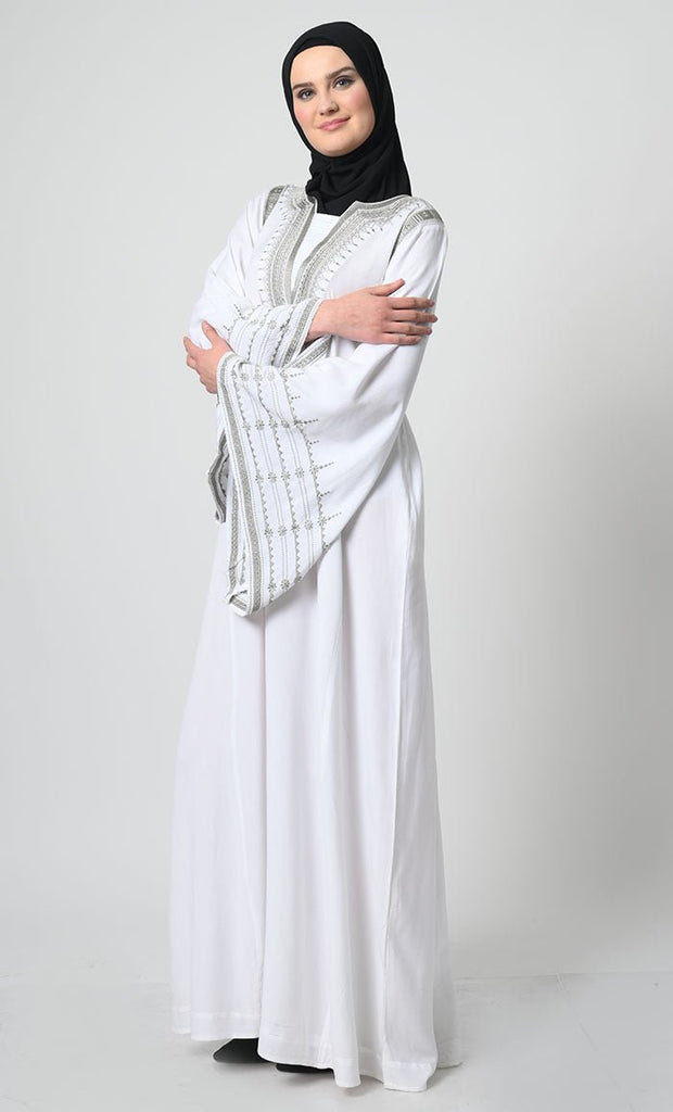 Embroidered Rayon Abaya – Bell Sleeves, Round V - Neck, with Pockets - EastEssence.com