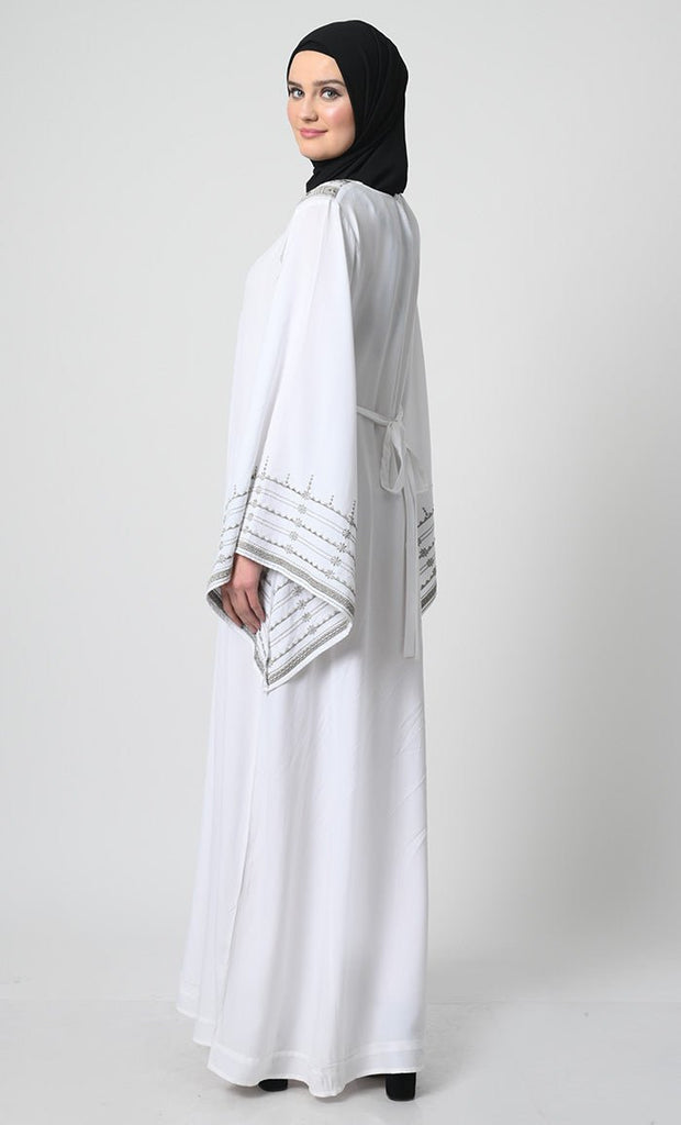 Embroidered Rayon Abaya – Bell Sleeves, Round V - Neck, with Pockets - EastEssence.com