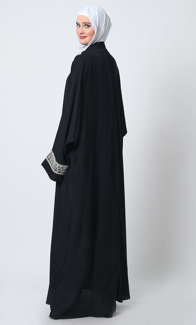 Embroidered Rayon Kaftan Abaya ??Batwing Sleeves, Piping Detail, Crepe Slip - EastEssence.com
