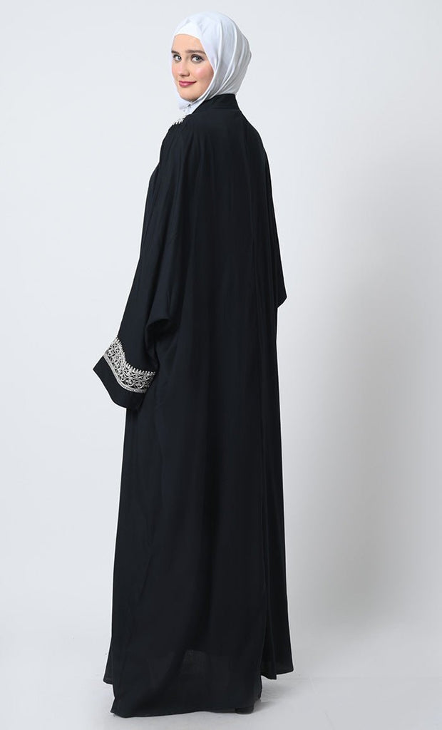 Embroidered Rayon Kaftan Abaya – Batwing Sleeves, Piping Detail, Crepe Slip - EastEssence.com