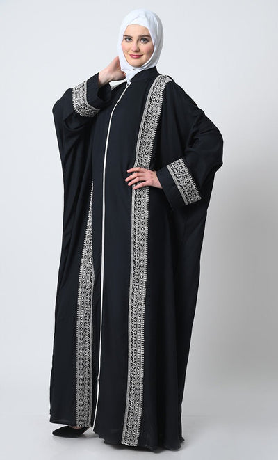Embroidered Rayon Kaftan Abaya ??Batwing Sleeves, Piping Detail, Crepe Slip - EastEssence.com