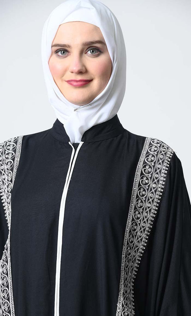 Embroidered Rayon Kaftan Abaya – Batwing Sleeves, Piping Detail, Crepe Slip - EastEssence.com