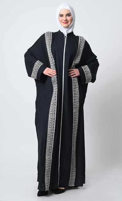 Embroidered Rayon Kaftan Abaya – Batwing Sleeves, Piping Detail, Crepe Slip - EastEssence.com