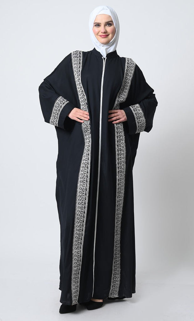 Embroidered Rayon Kaftan Abaya – Batwing Sleeves, Piping Detail, Crepe Slip - EastEssence.com