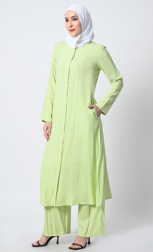 Embroidered Rayon Kameez and Pant Set – Full Sleeves, Button - Front Design - EastEssence.com