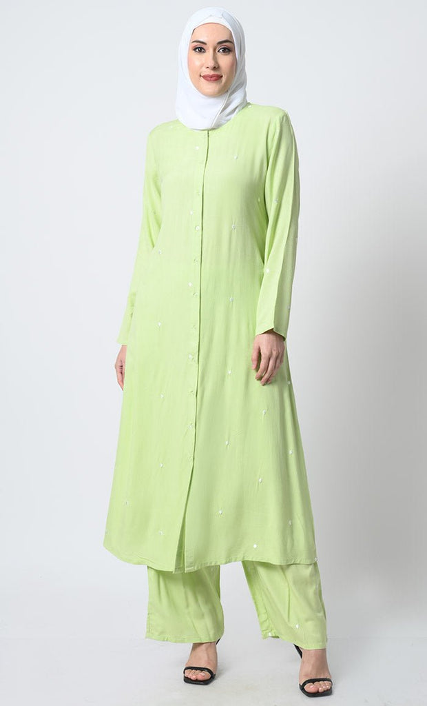 Embroidered Rayon Kameez and Pant Set – Full Sleeves, Button - Front Design - EastEssence.com