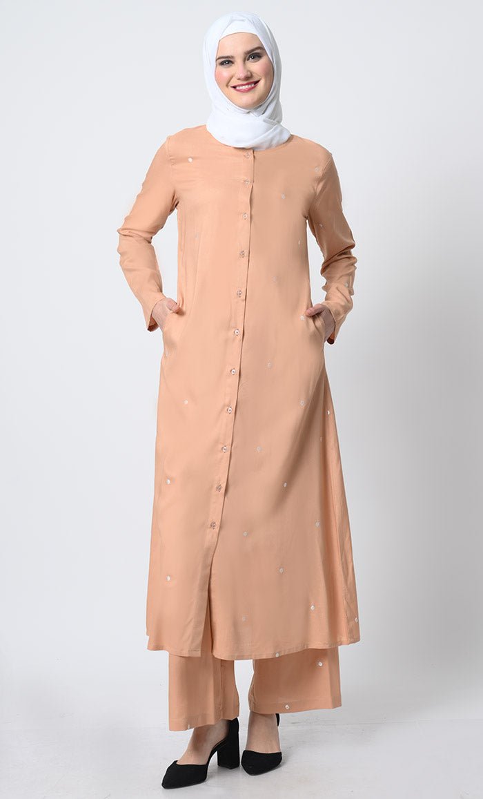Embroidered Rayon Outfit ??Button - Front Kameez with Pockets and Pant - EastEssence.com