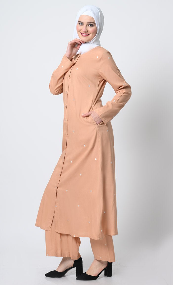 Embroidered Rayon Outfit ??Button - Front Kameez with Pockets and Pant - EastEssence.com