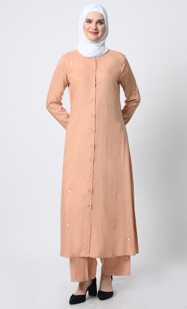 Embroidered Rayon Outfit – Button - Front Kameez with Pockets and Pant - EastEssence.com