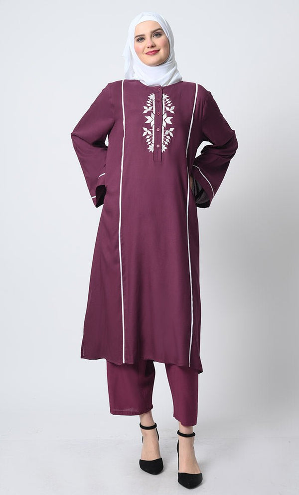 Embroidered Rayon Outfit ??Piping Details, Round Neck - EastEssence.com