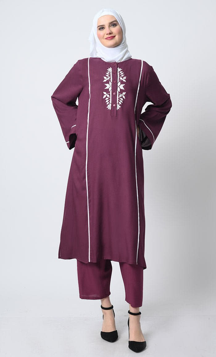 Embroidered Rayon Outfit – Piping Details, Round Neck