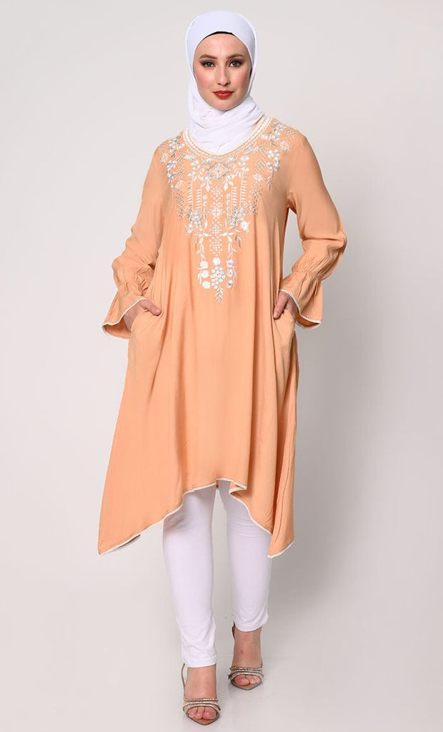 Embroidered Sand Tunic with Asymmetrical Hem - EastEssence.com