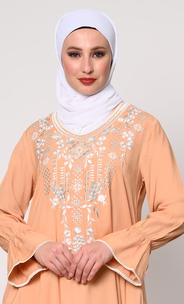 Embroidered Sand Tunic with Asymmetrical Hem - EastEssence.com