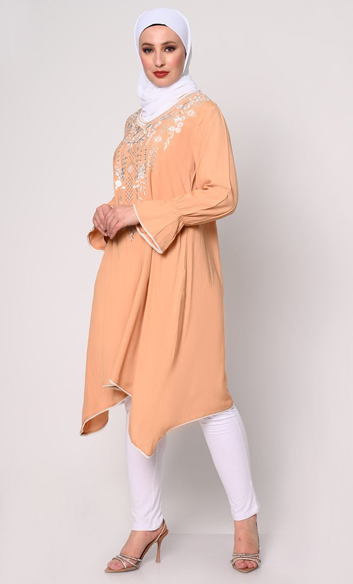 Embroidered Sand Tunic with Asymmetrical Hem - EastEssence.com