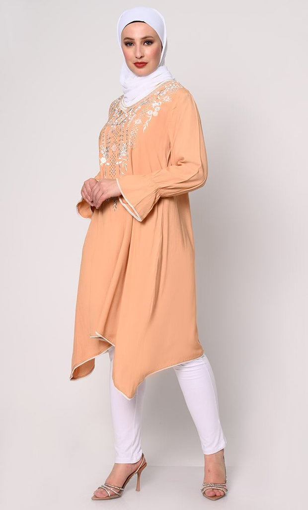 Embroidered Sand Tunic with Asymmetrical Hem - EastEssence.com