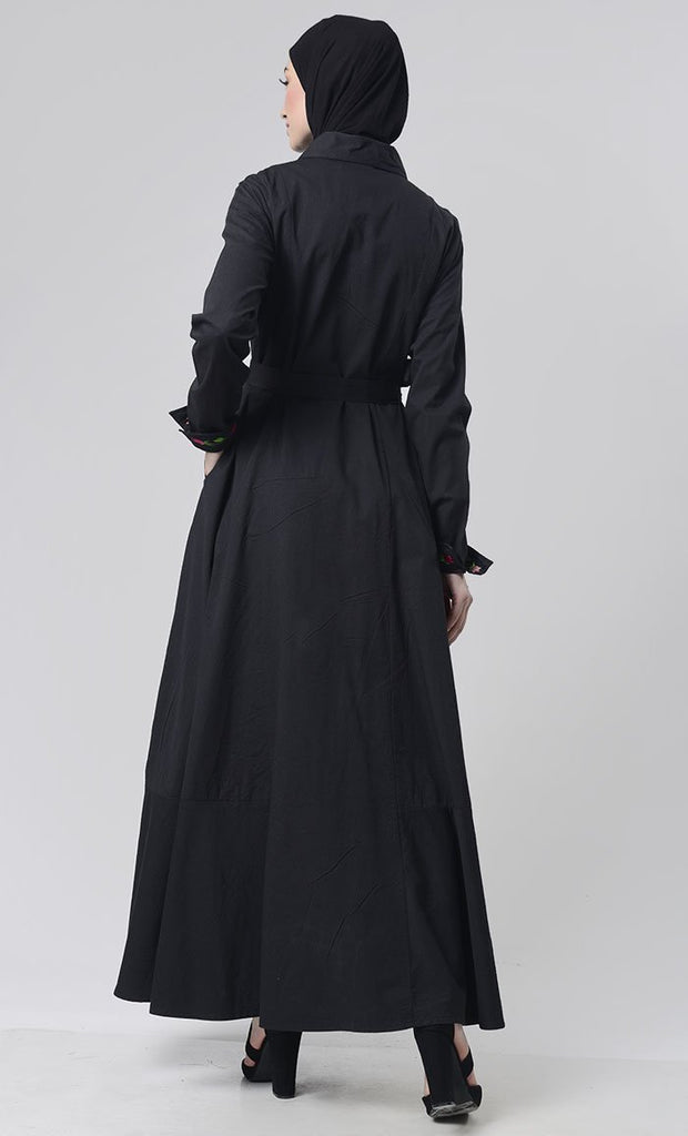 Embroidered Twill Abaya With Pockets - Final Sale - EastEssence.com