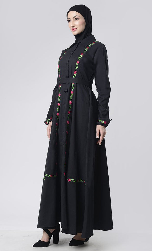 Embroidered Twill Abaya With Pockets - Final Sale - EastEssence.com