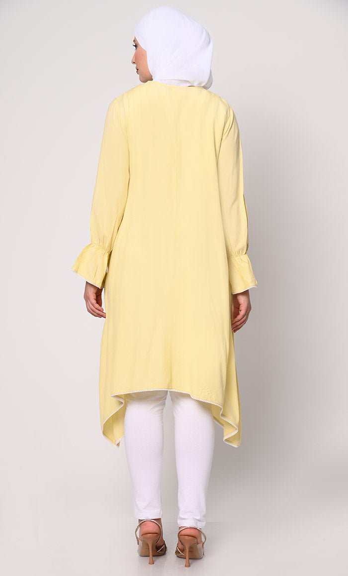 Embroidered Yelow Tunic with Asymmetrical Hem - EastEssence.com