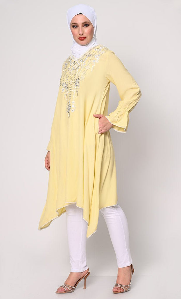 Embroidered Yelow Tunic with Asymmetrical Hem - EastEssence.com