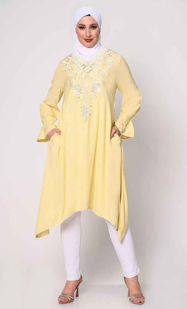 Embroidered Yelow Tunic with Asymmetrical Hem - EastEssence.com