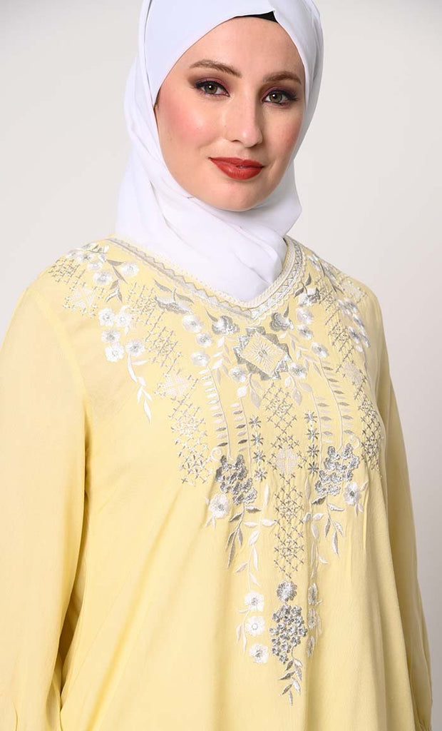 Embroidered Yelow Tunic with Asymmetrical Hem - EastEssence.com