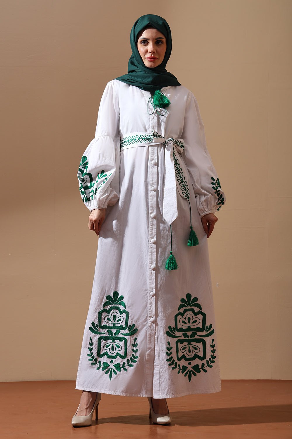 Emerald Bloom Belted White Maxi Shirt Dress - EastEssence.com