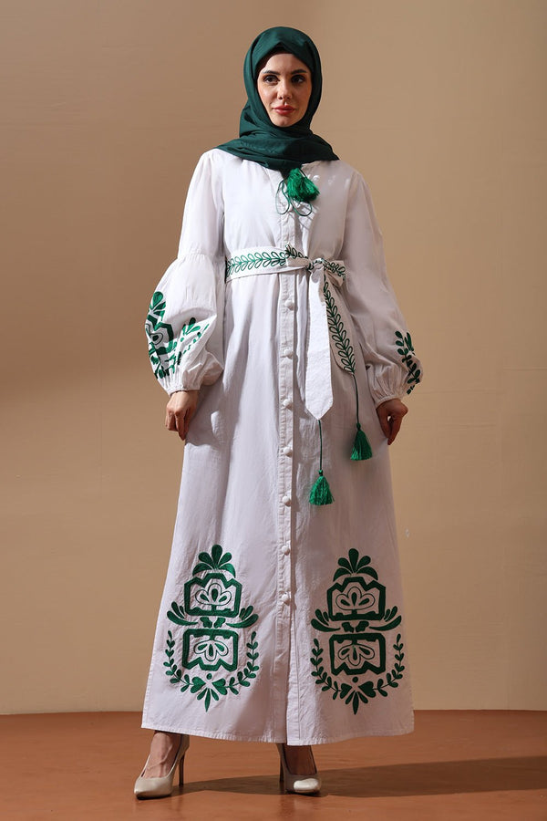 Emerald Bloom Belted White Maxi Shirt Dress - EastEssence.com