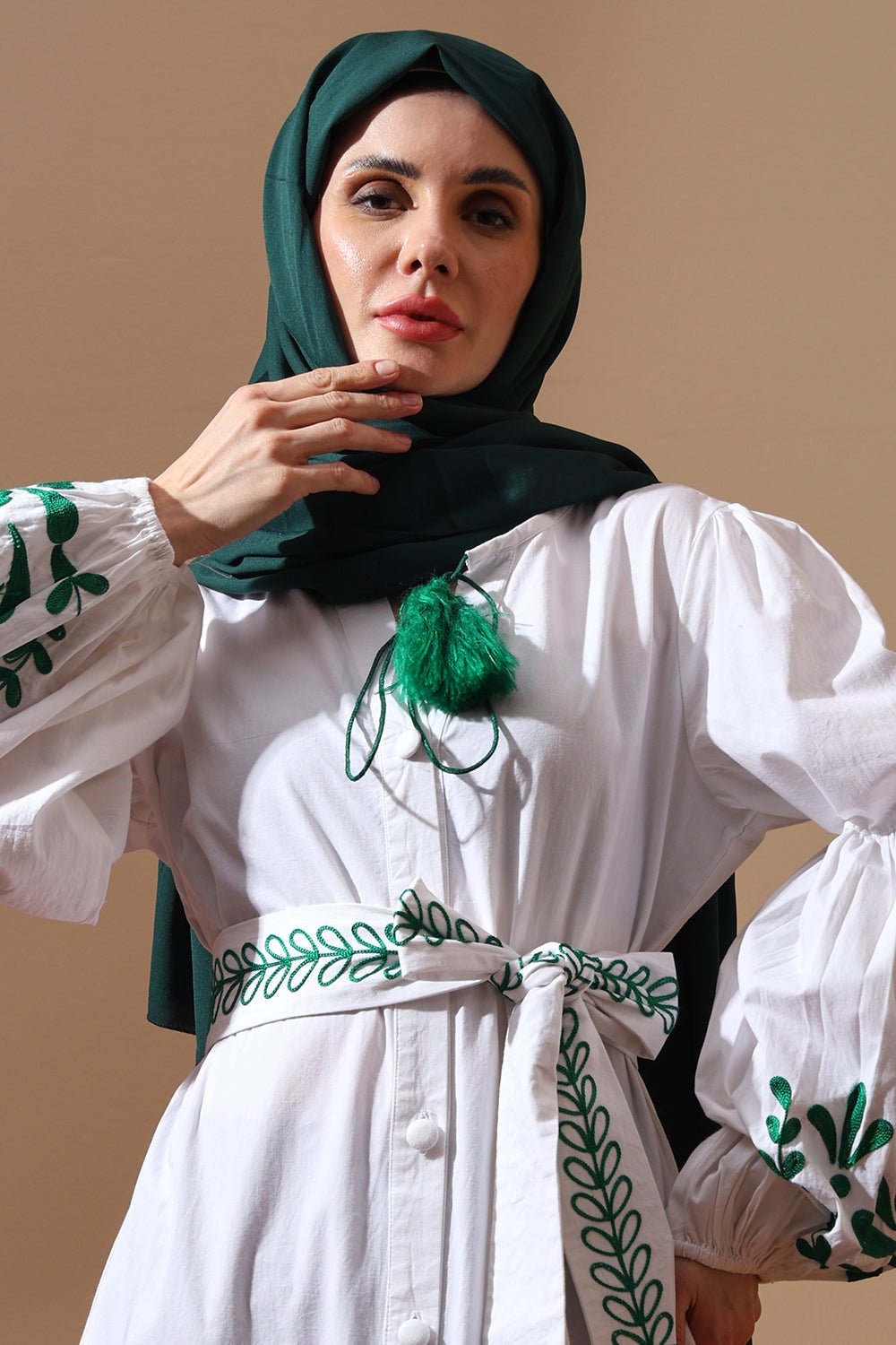 Emerald Bloom Belted White Maxi Shirt Dress - EastEssence.com