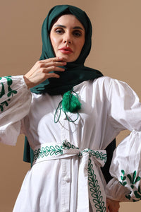 Emerald Bloom Belted White Maxi Shirt Dress - EastEssence.com