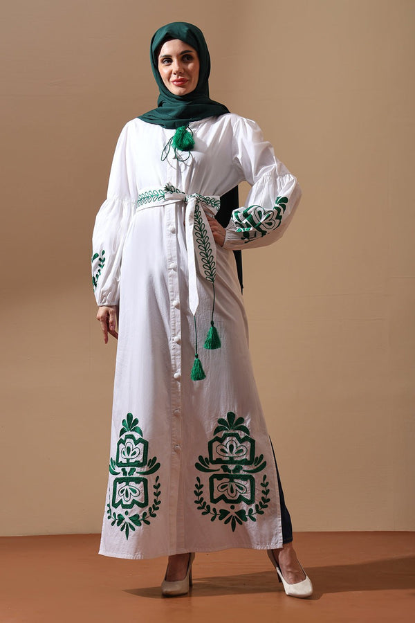 Emerald Bloom Belted White Maxi Shirt Dress - EastEssence.com