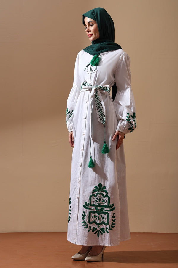 Emerald Bloom Belted White Maxi Shirt Dress - EastEssence.com