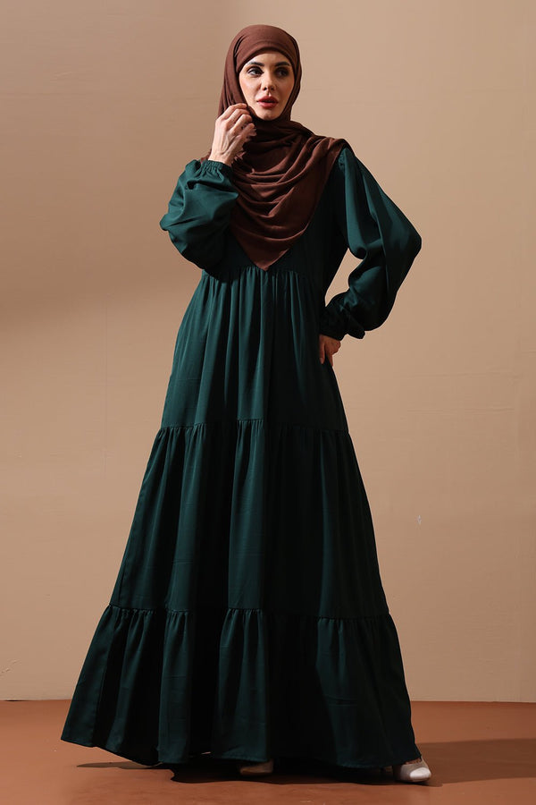 Emerald Green Tiered Maxi Abaya with Puff Sleeves - EastEssence.com