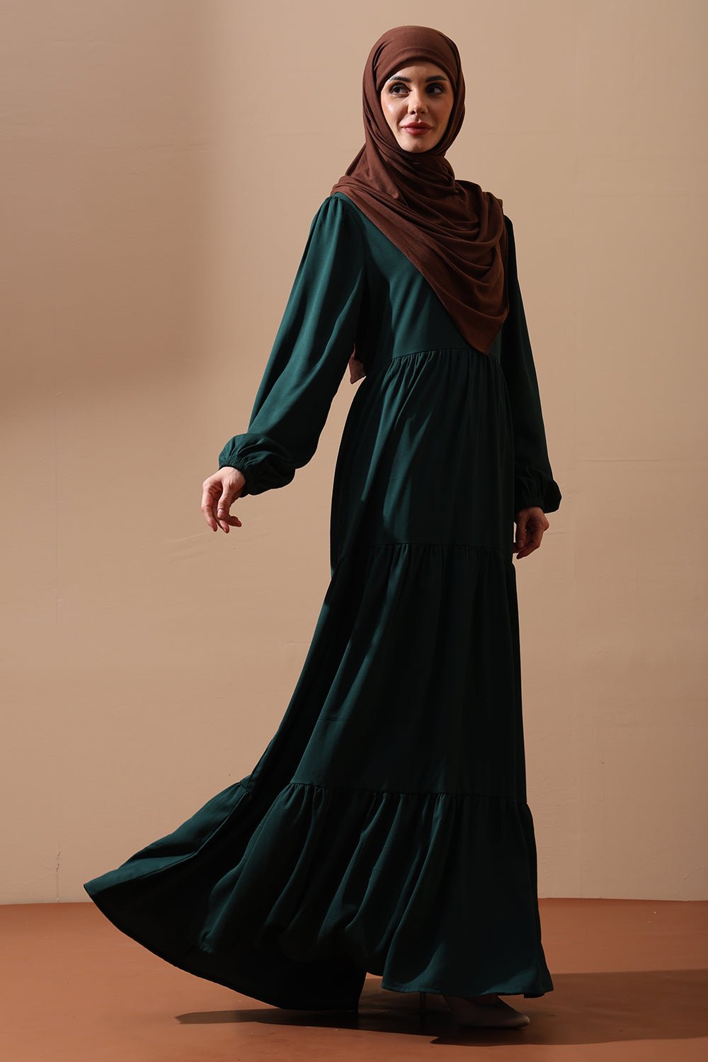 Emerald Green Tiered Maxi Abaya with Puff Sleeves - EastEssence.com
