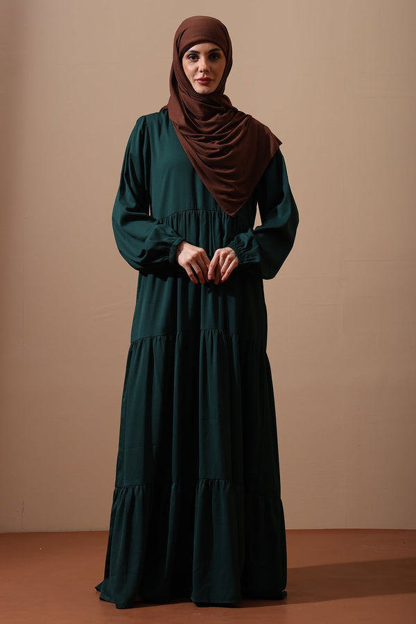 Emerald Green Tiered Maxi Abaya with Puff Sleeves - EastEssence.com