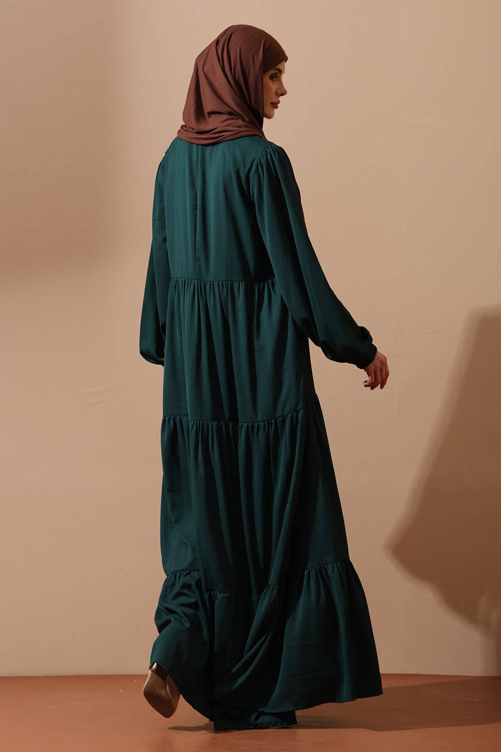 Emerald Green Tiered Maxi Abaya with Puff Sleeves - EastEssence.com