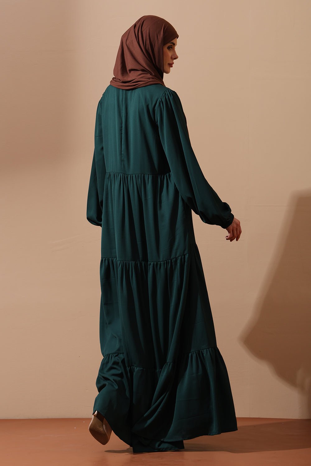 Emerald Green Tiered Maxi Abaya with Puff Sleeves - EastEssence.com