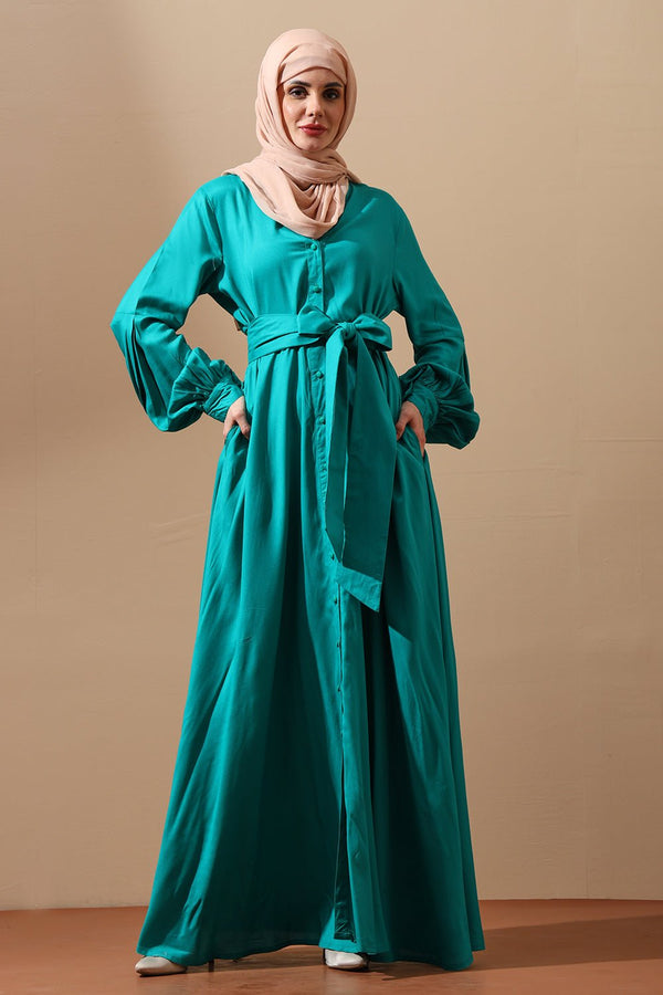 Emerald Teal Button - Down Abaya Dress - EastEssence.com