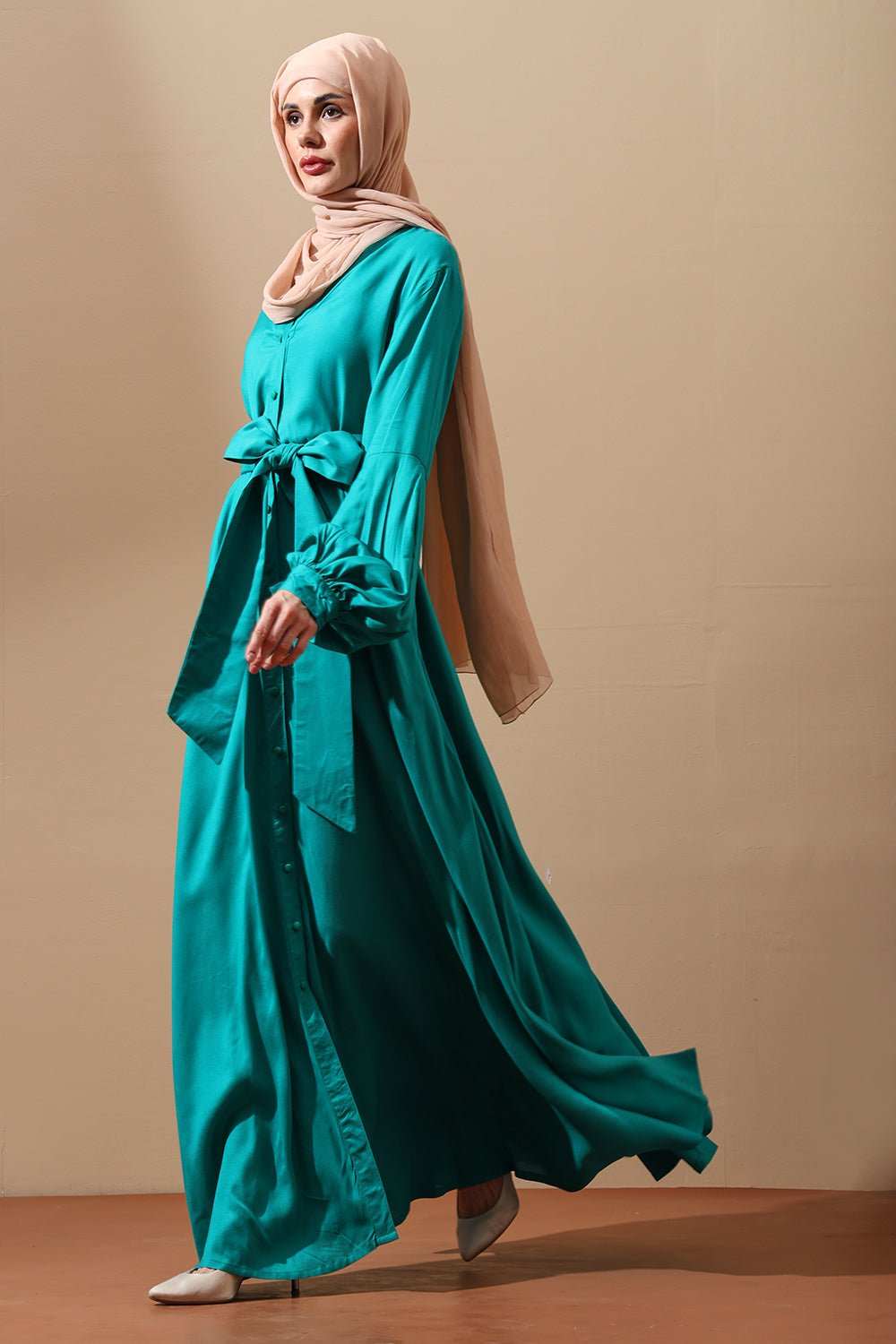 Emerald Teal Button - Down Abaya Dress - EastEssence.com