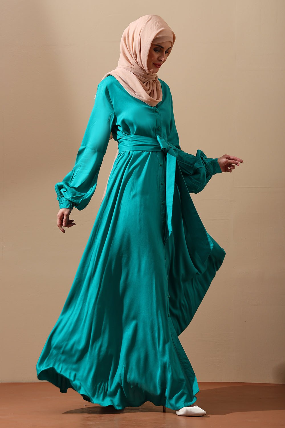Emerald Teal Button - Down Abaya Dress - EastEssence.com