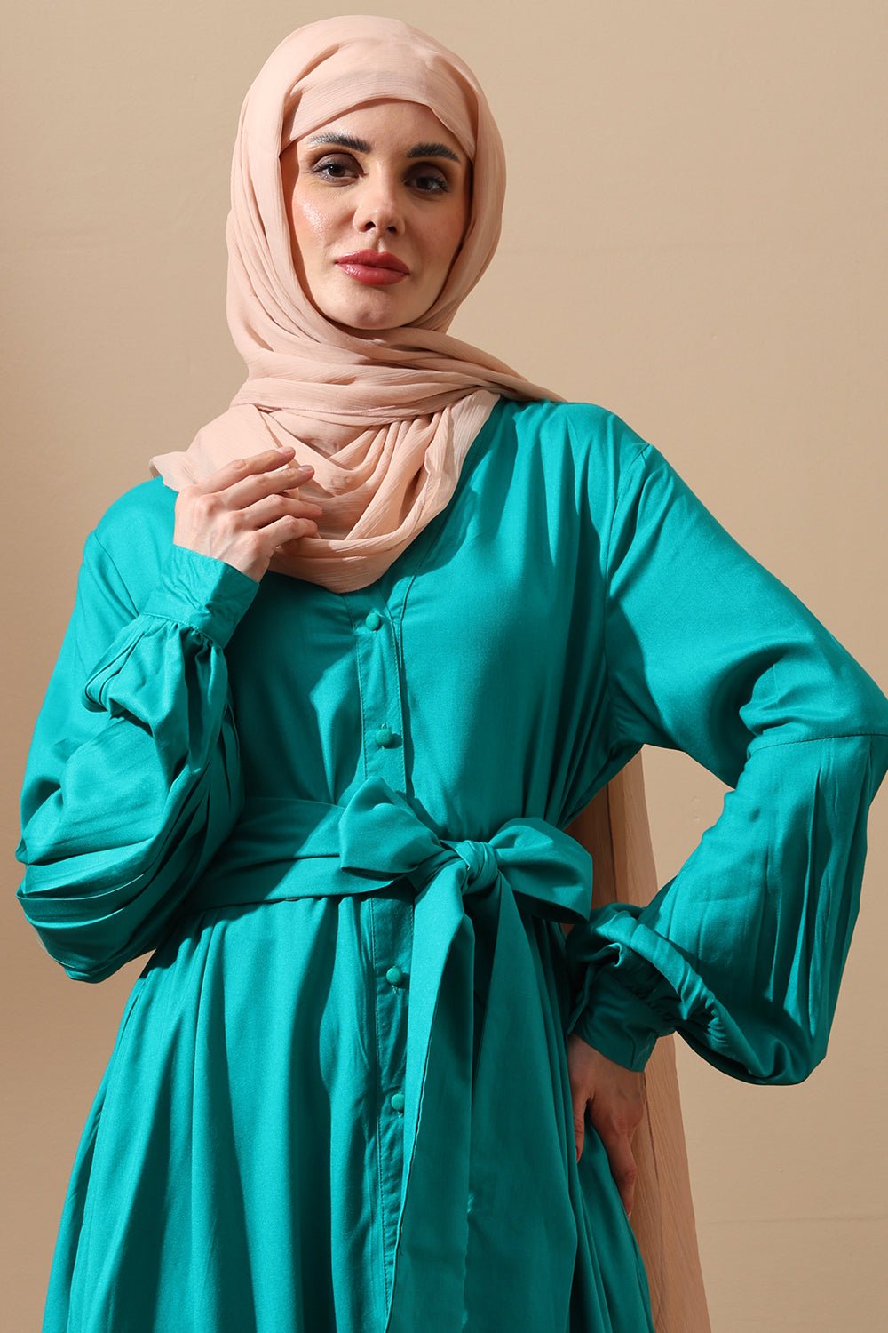 Emerald Teal Button - Down Abaya Dress - EastEssence.com