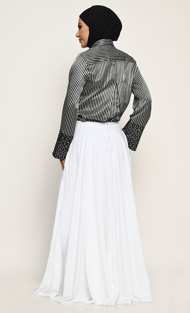 Empire Print Black Satin Shirt and Contrast Crepe Skirt Co - ord Set - EastEssence.com