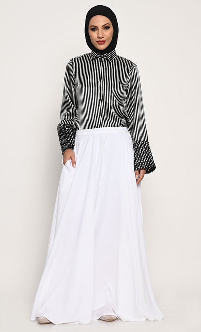 Empire Print Black Satin Shirt and Contrast Crepe Skirt Co - ord Set - EastEssence.com