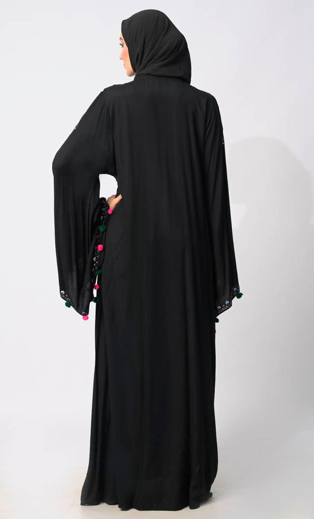 Enchanting Threads: Exquisite Black Embroidered Abaya with and Dramatic Bell Sleeves - EastEssence.com